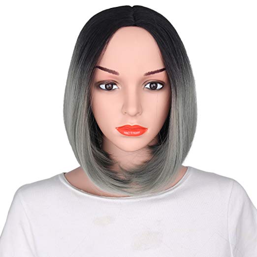BARSDAR 14" Girl’s Short Ombre Bob Hair Wigs Straight Synthetic Colorful Halloween Cosplay Daily Party Wig for Women Natural Looking Heat Resistant As Real Hair-Black to Dark Gray